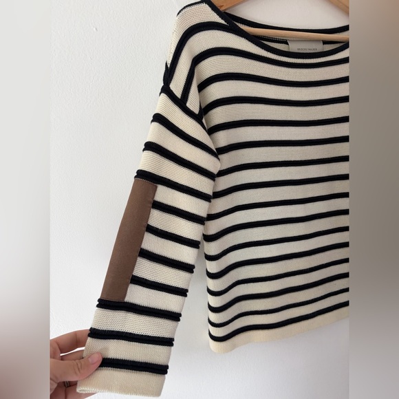 Brochu Walker Ivory & Black Stripe Knit Pima Cotton Sweater With Elbow Patches - Picture 2 of 8